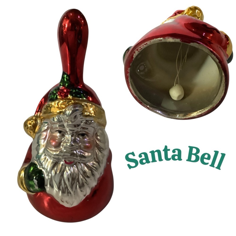 Vintage Santa Claus Hand Bell Ceramic Shiny Painted 5.75" Christmas Holiday Deco